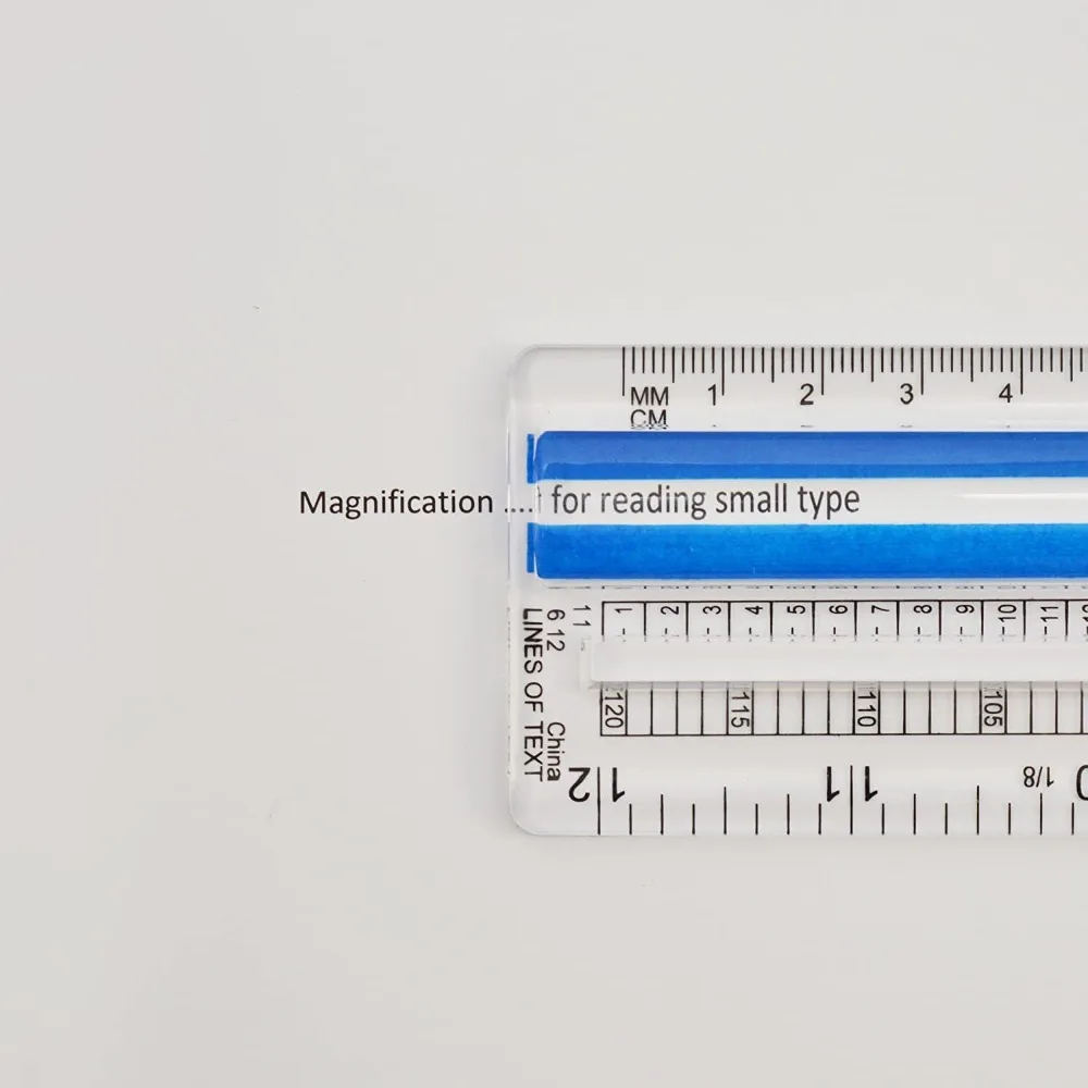 2X Magnification Reading Ruler, 12-Inch, Clear Plastic, Inch & Tenths Scales, Data Processing Tool