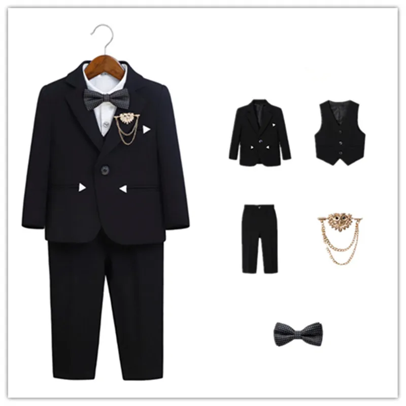 Kids Black Blazer Suit Boys Formal Wedding Birthday Party Dress Children's Jacket Vest Pant Brooch Bowtie 5pcs Clothing Set