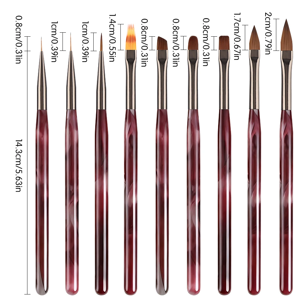 New 1/9PCS Wine Red Ink-Style Acrylic Nail Art Brush Set - Nail Extension Tool Pro Salon Home DIY Manicure Painting Design Kit
