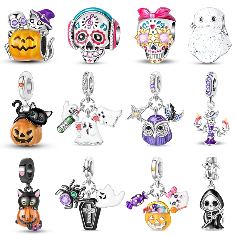 2024 New 925 Sterling Luminous Halloween Skull Witch Pumpkin Candy Charms Beads Fit 3mm Original Bracelets DIY Party Jewelry