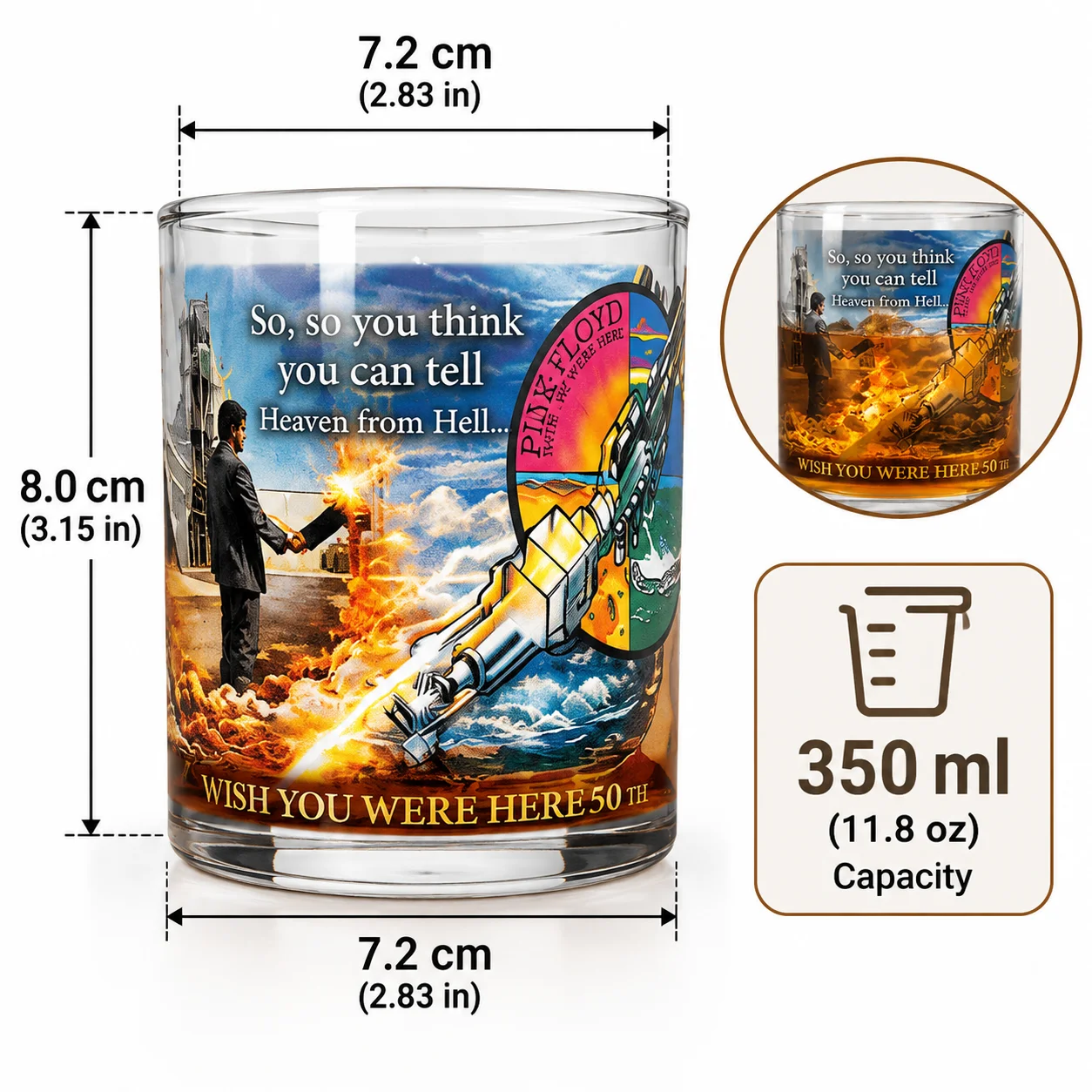 Pink Floyd Whiskey Glass Wish You Were Here 50th Anniversary Edition Clear Glass Cup Rock Music Fan Gift Barware