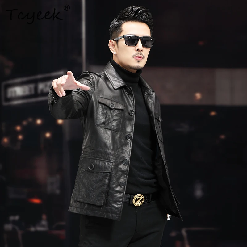 

Tcyeek COW LEATHER Autumn New Men's Oil Wax Cow Leather Jacket Hunting Suit Military Real Leather Jacket Kurtka Skórzana Męska