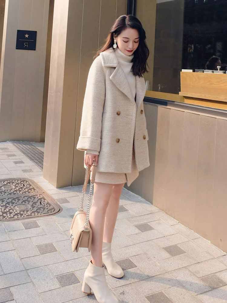 UNXX Winter Women 2 Piece Set Female Woollen Tweed Double Button Blazer+Irregular Split Pencil Skirt Suits High Street Harajuku