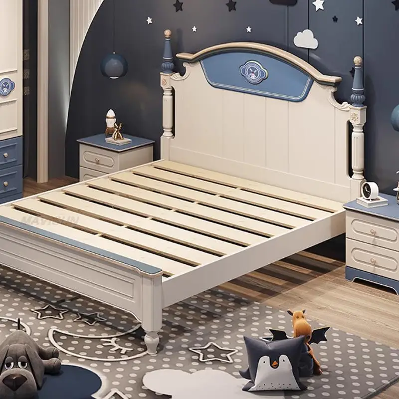 Boy Kids Lovely Single Bed In Blue Solid Wood Bedroom Furniture Combination Modern Minimalist 1.2m 1.5m Children's Wooden Bed