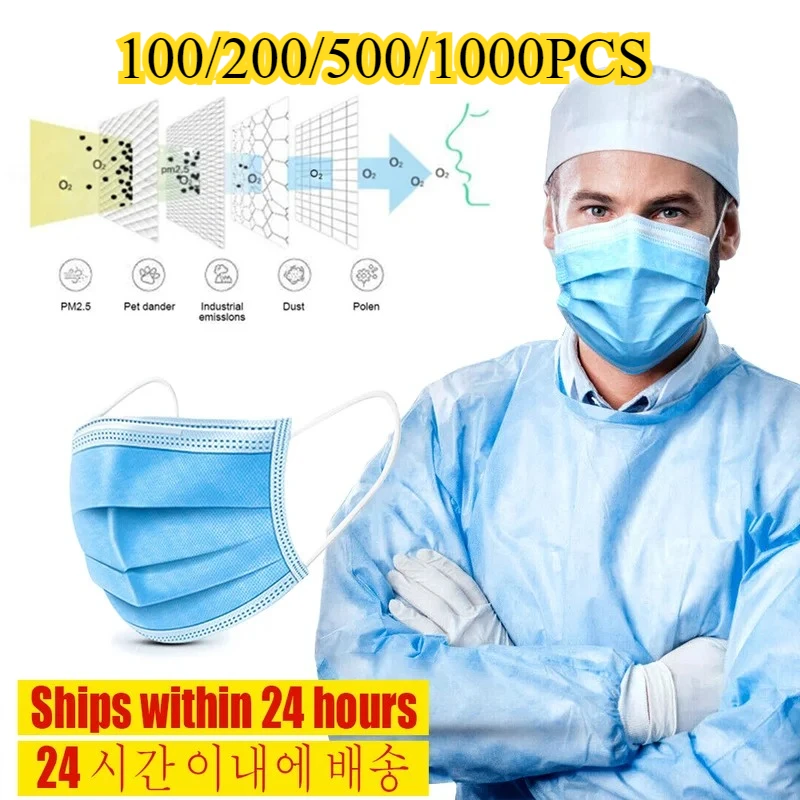 3-Layer Disposable Face Mask-Anti-Dust Non-Woven Meltblown Mouth Masks with Elastic Ear Loops 1000/500/100PCS (Blue/Pink/Black)