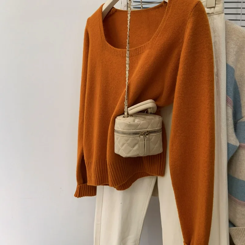 

Casual Maillard Style Square Neck Knitted Women's Autumn Soft Sweater Pullover 2024 New Commuter Chic Long Sleeve Top