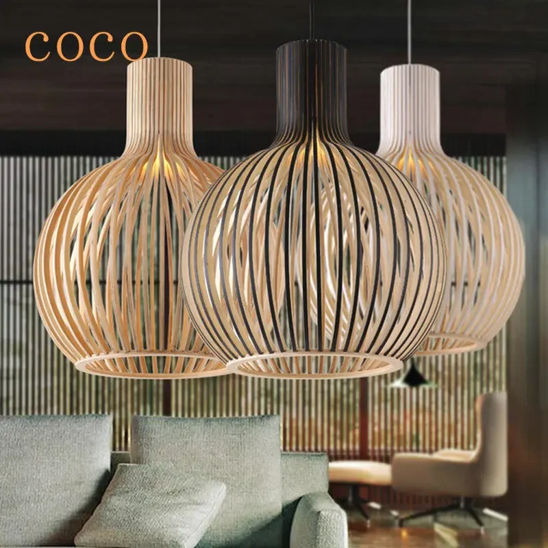 Modern Wood Birdcage Chandeliers Light Black White Ball Inside Hanging Lamp For Living Dinning Room Decoration Lighting Fixture