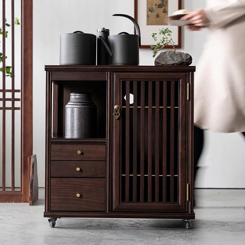 Walnut tea cart mobile tea table household small tea table solid wood tea cabinet kettle integrated side cabinet