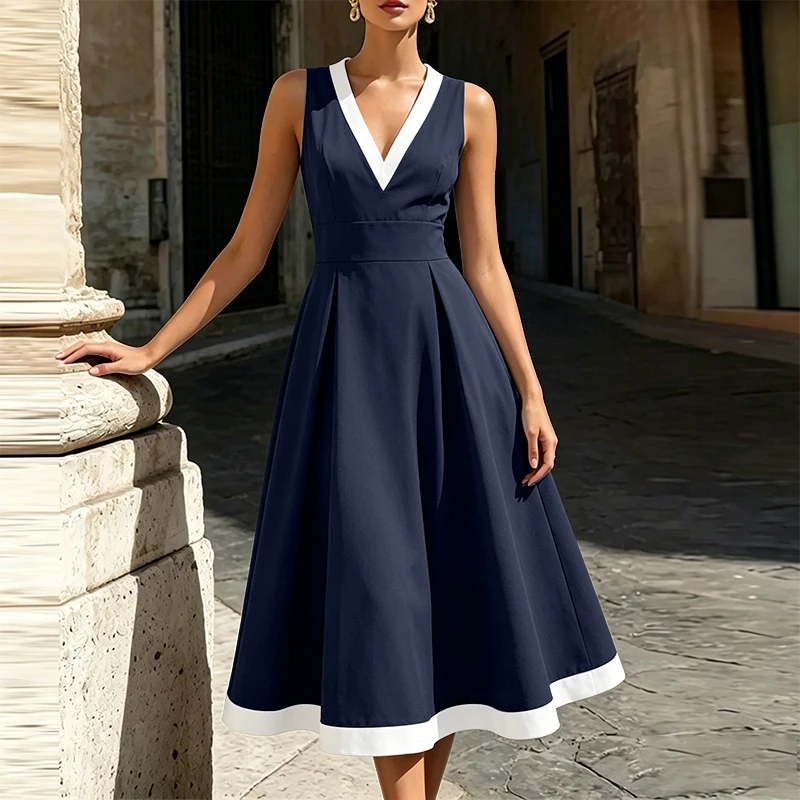 ZANZEA Elegantes ärmelloses Partykleid mit V-Ausschnitt für Damen, Sommer-Patchwork-Sommerkleid, stilvolles, tailliertes A-Linien-Kleid, Urlaubs-Midi-Robe – Detail 7