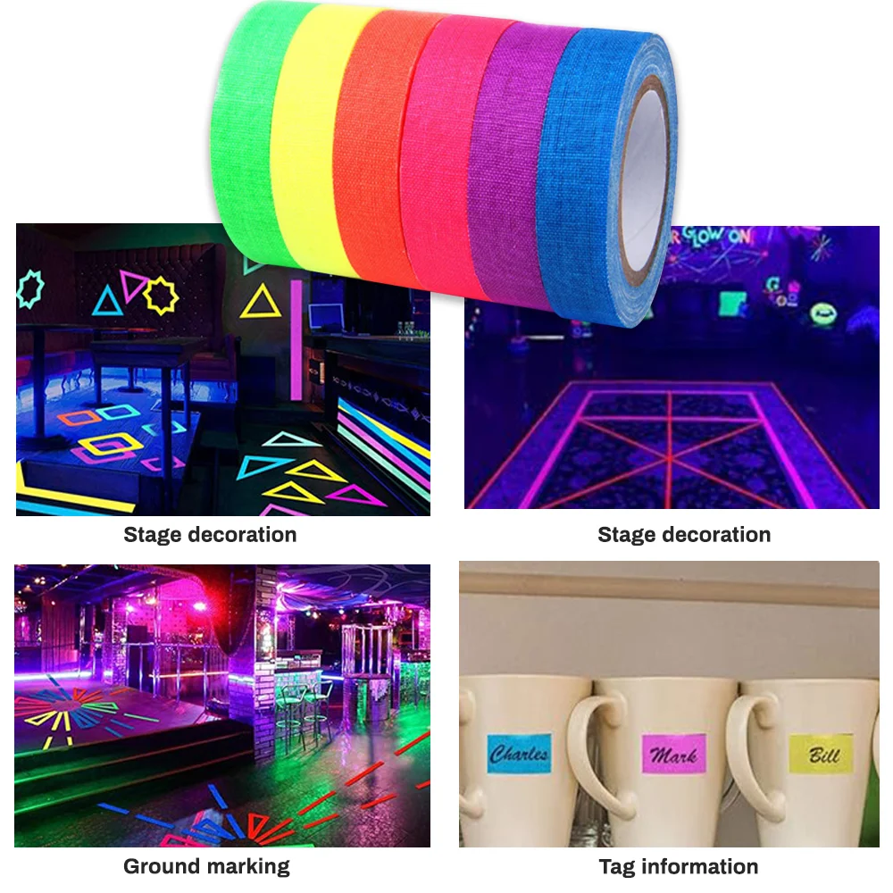 5Meter 6 Colors Neon Gaffer Cloth Tape Fluorescent Rainbow Color Party Non-Reflective Glow in The Dark Tape Under UV Black Light