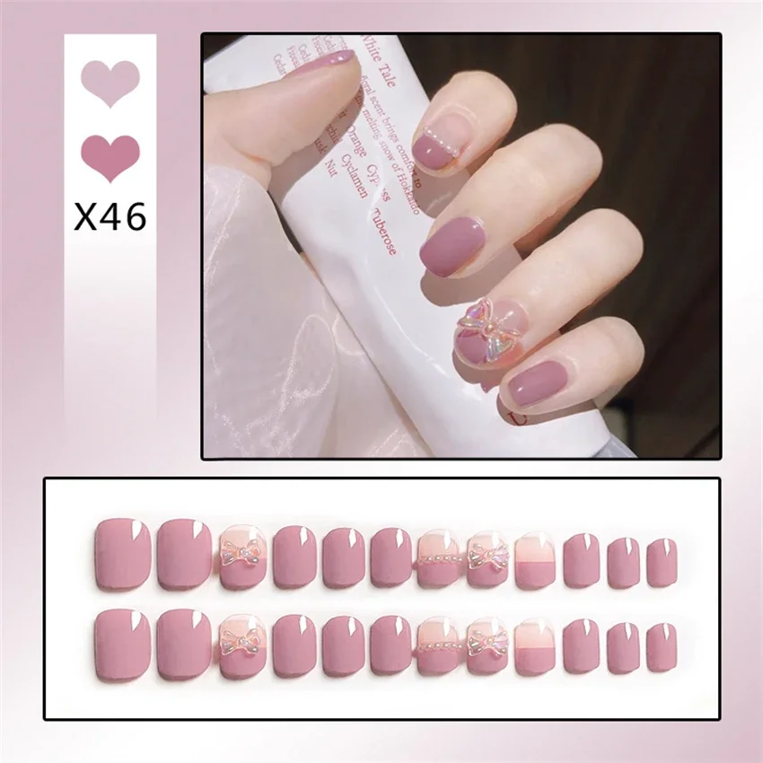 24Pcs/Set French Handmade Wearing False Nails Butterfly Glitter Fake Nail Art Full Coverage Removable Artificial Press on Nail