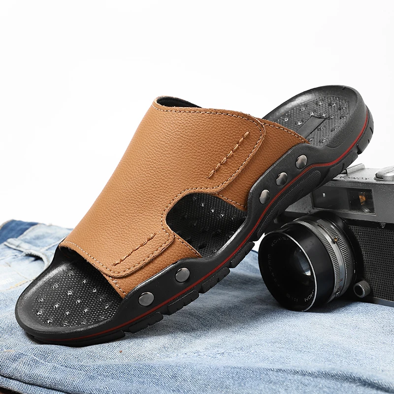 

Мужские сандалии без шнуровки, противоскользящая пляжная обувь, кожаные тапочки, мужские летние тапочки, новые уличные сандалии