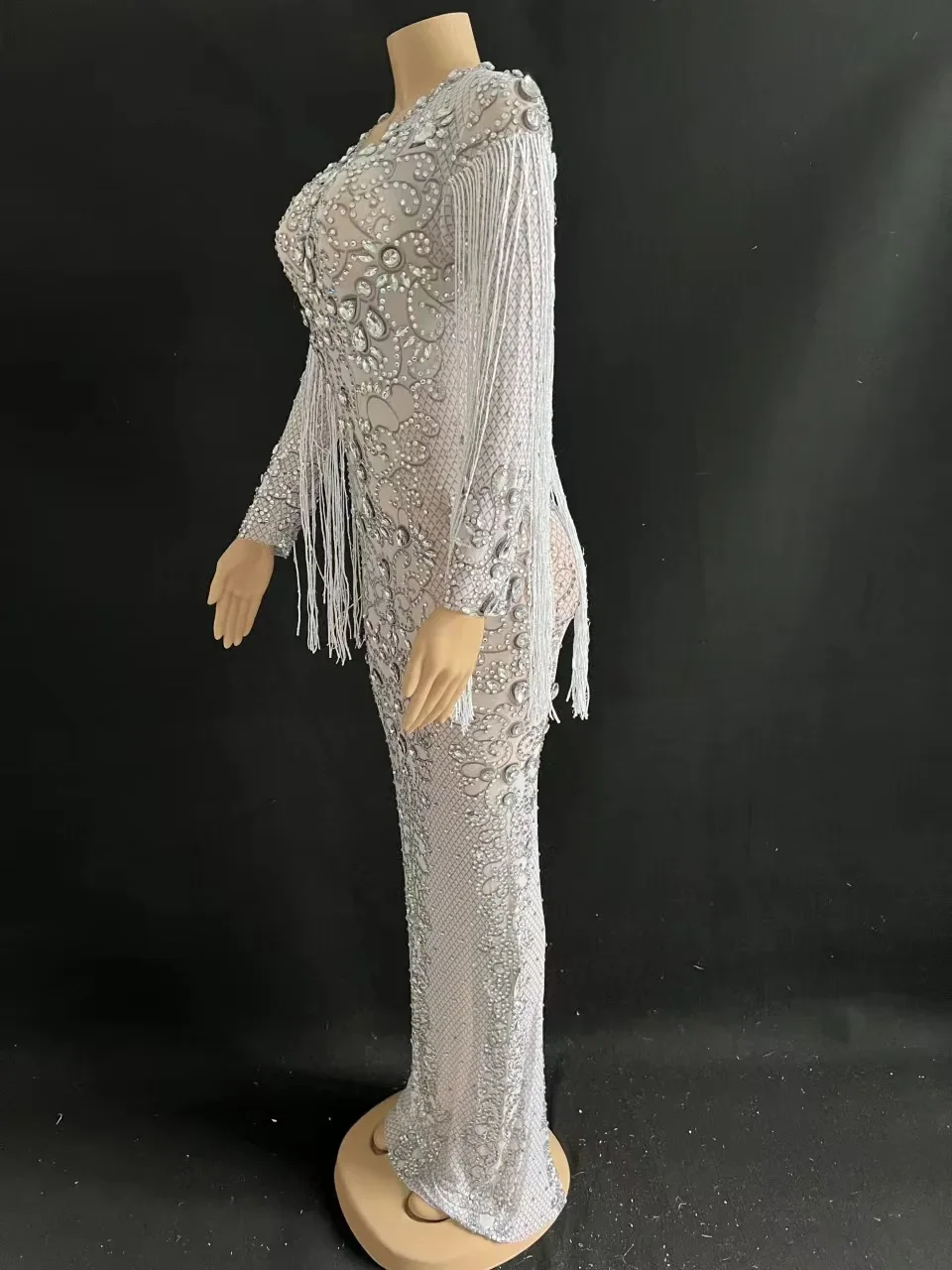 Robe de Soirée en Maille pour Femme, Tenue Citrolongue, Strass, Costume d'Anniversaire, Tenue à Franges