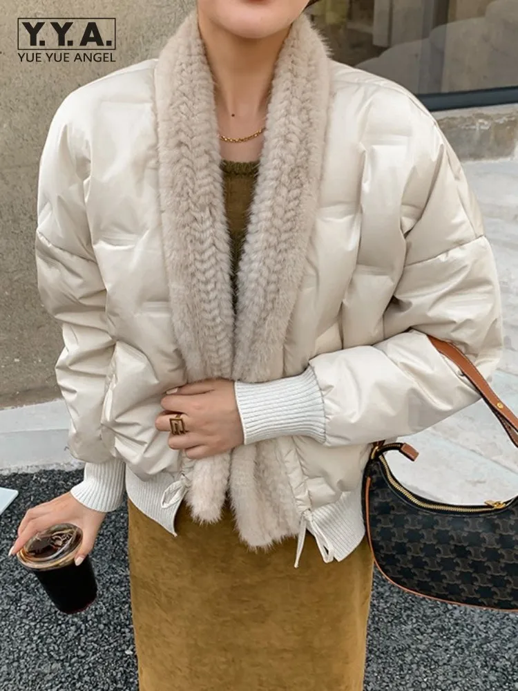 여성용 밍크 모피 칼라 다운 코트, 겨울 오버코트, 하이 스트리트 긴팔, 단색 캐주얼, 따뜻한 여성 재킷, 럭셔리 패션, 신상 