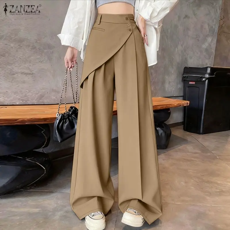 ZANZEA Damen-Hose mit geschichtetem Detail und weitem Bein, koreanische Mode, elastische Hose mit elastischem Bund, einfarbig, für den Arbeitsweg, Pantalones Femme