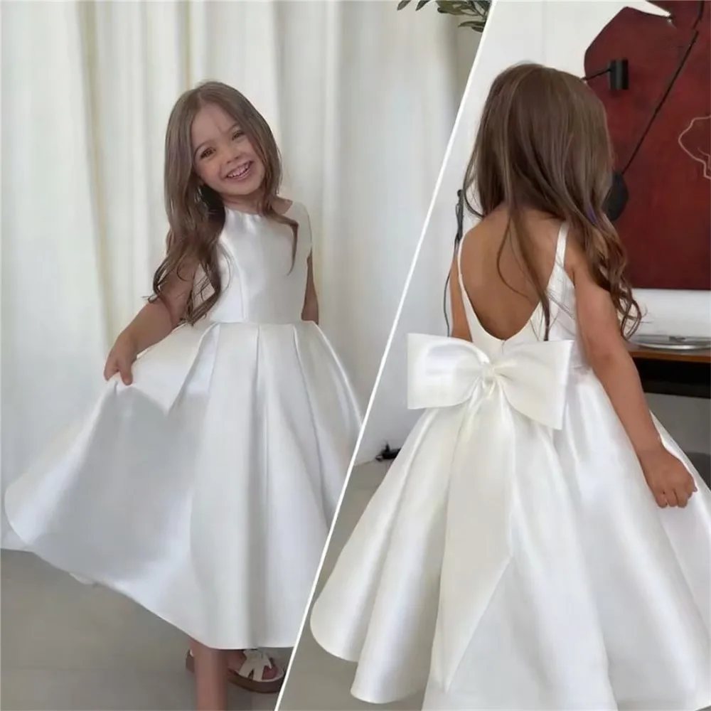 

Свадебное платье с цветочным узором для девочек по индивидуальному заказу, атласное платье без рукавов с открытой спиной и бантом, детское бальное платье подружки невесты для первого причастия, дня рождения