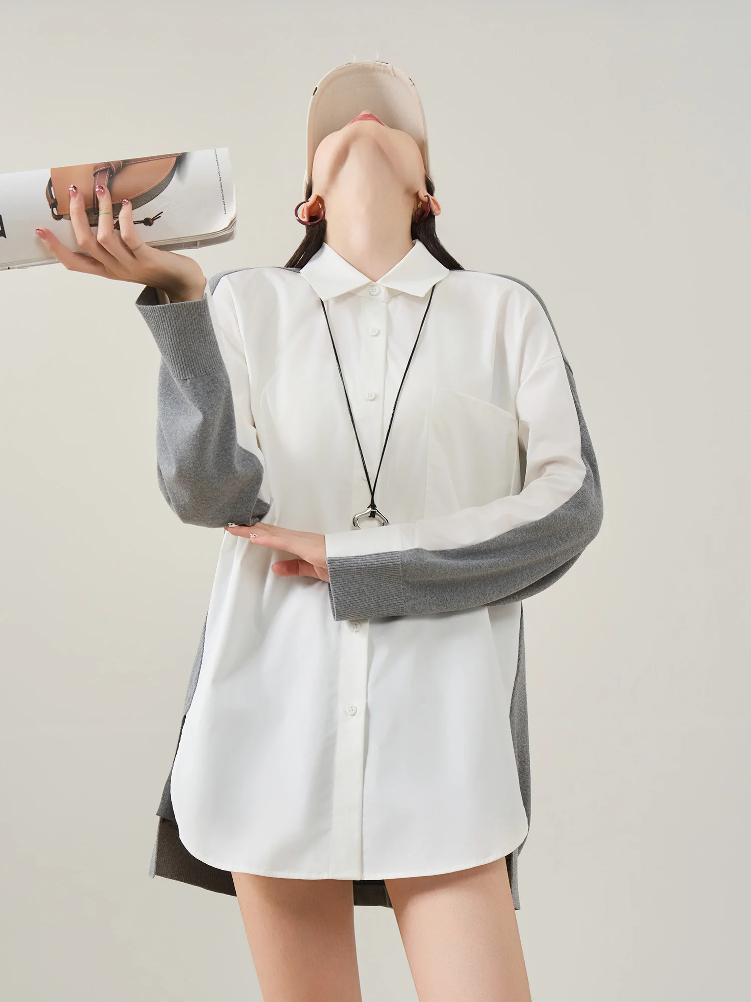 

White Knitted Patchwork irt Women's Loose Sle Spring New Arrival Faionable Commute Wind Long Sve Polyester Blend