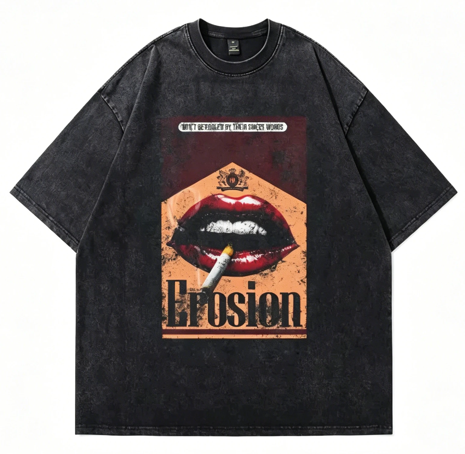 90s Grunge Acid Wash Black Oversized Tee American Red Lips Poster Print Loose 100% Cotton Unisex Punk Streetwear T Shirt Hip Hop