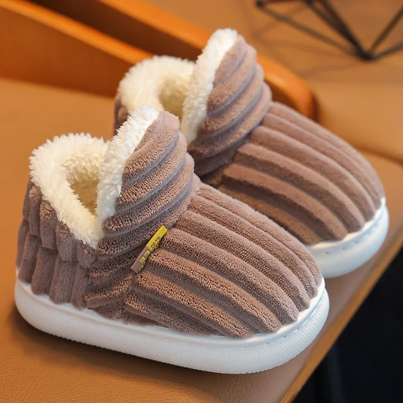 Nieuwe Winter Beknopte Streep Pluche Slippers Kinderen Antislip Zachte Zool Kinderen Jongens Meisjes Hak Wrap Warme Hoge Thuis katoenen Schoenen
