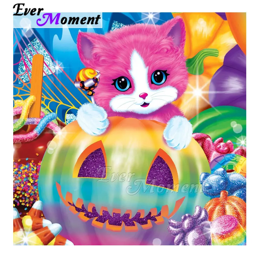 

Ever Moment Diamond Painting Cat Pumpkin Halloween Colorful Wall Decoration Cross Stitch Diamond Embroidery Rhinestone ASF1917