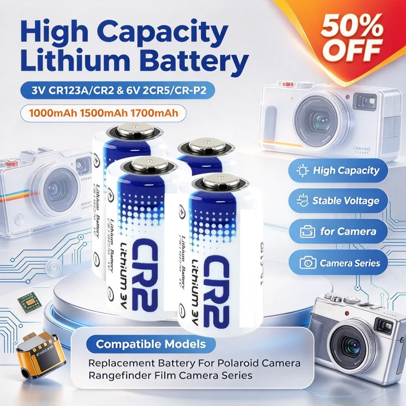 3V CR123A CR2 / 6V 2CR5 CR-P2 Lithium Battery, 1000/1500/1700mAh High Capacity for Polaroid Rangefinder Film Camera