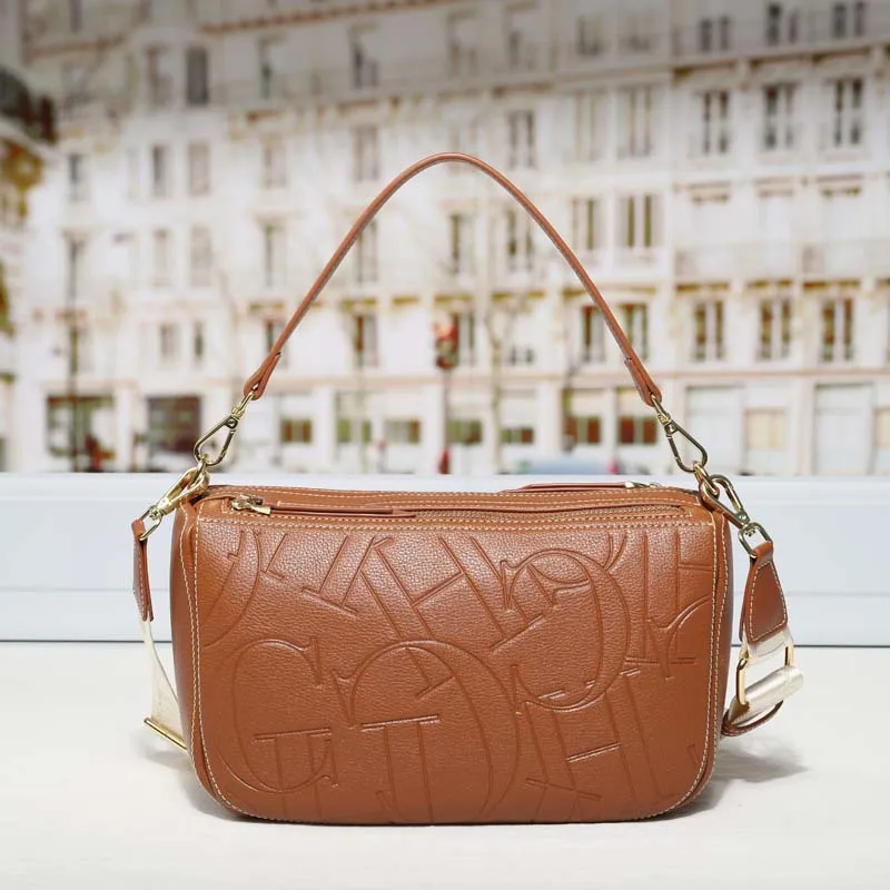 CH Damen Vintage Geprägte Buchstaben-Unterarmtasche 2-Riemen-Design Schulterhandtasche Abnehmbarer Breiter Riemen Crossbody-Tasche – Detail 9