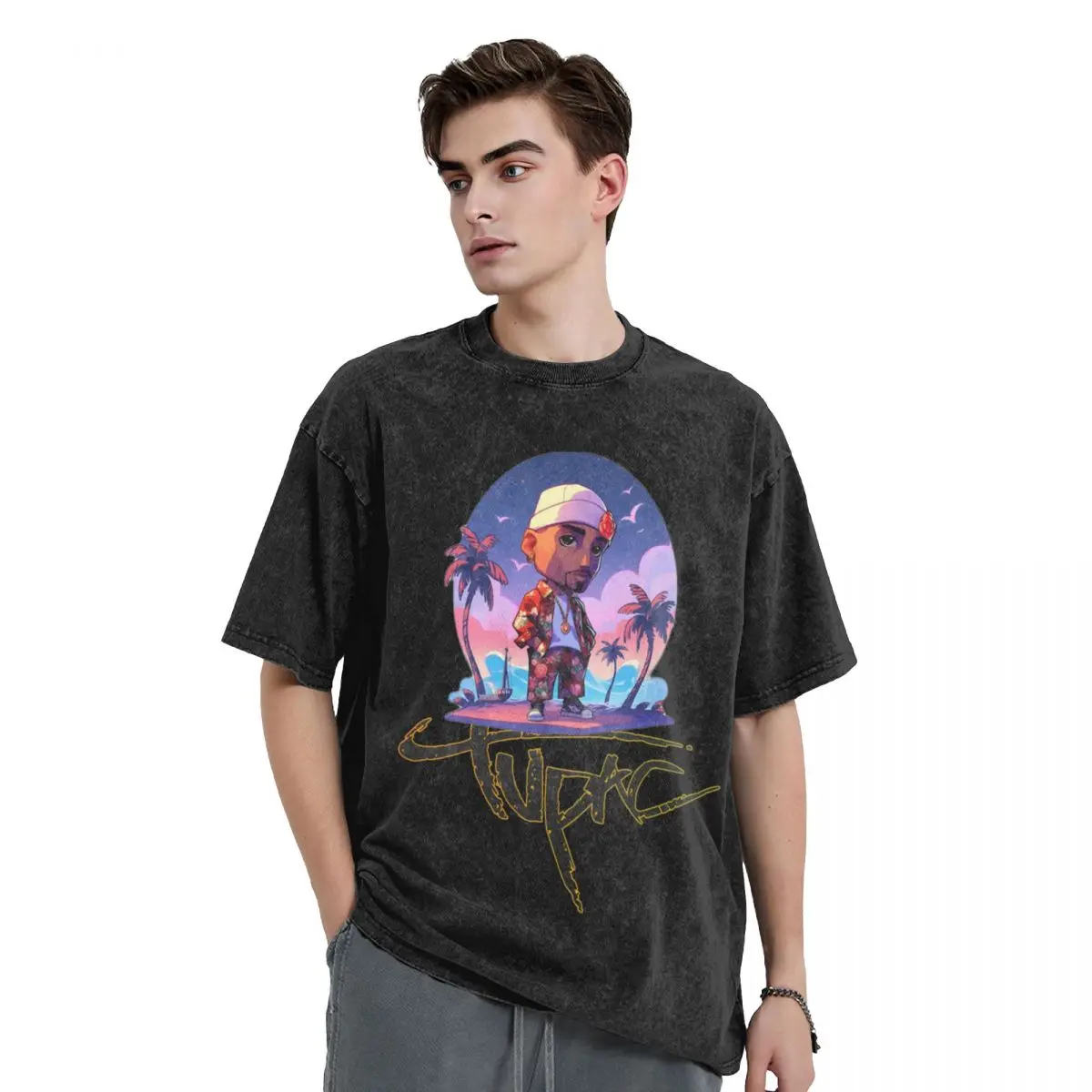 Rapper Tupac woman Men Washed T-Shirt Hot stamping Print Tees,Harajuku Cotton Tshirt Men's Summer Short Sleeve Tees