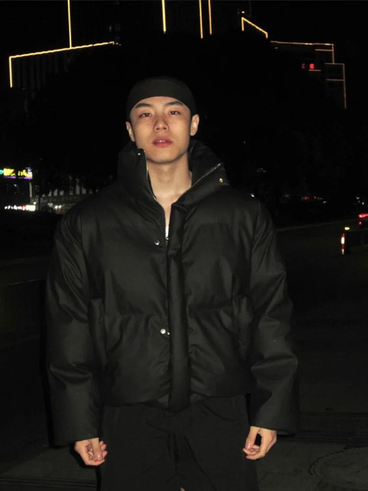 

Men's ort PU Leather Surface Cotton Jaet Thi Warm Bread Sle Winter Streetwear Cleanfit Trendy Brand Cotton Coat