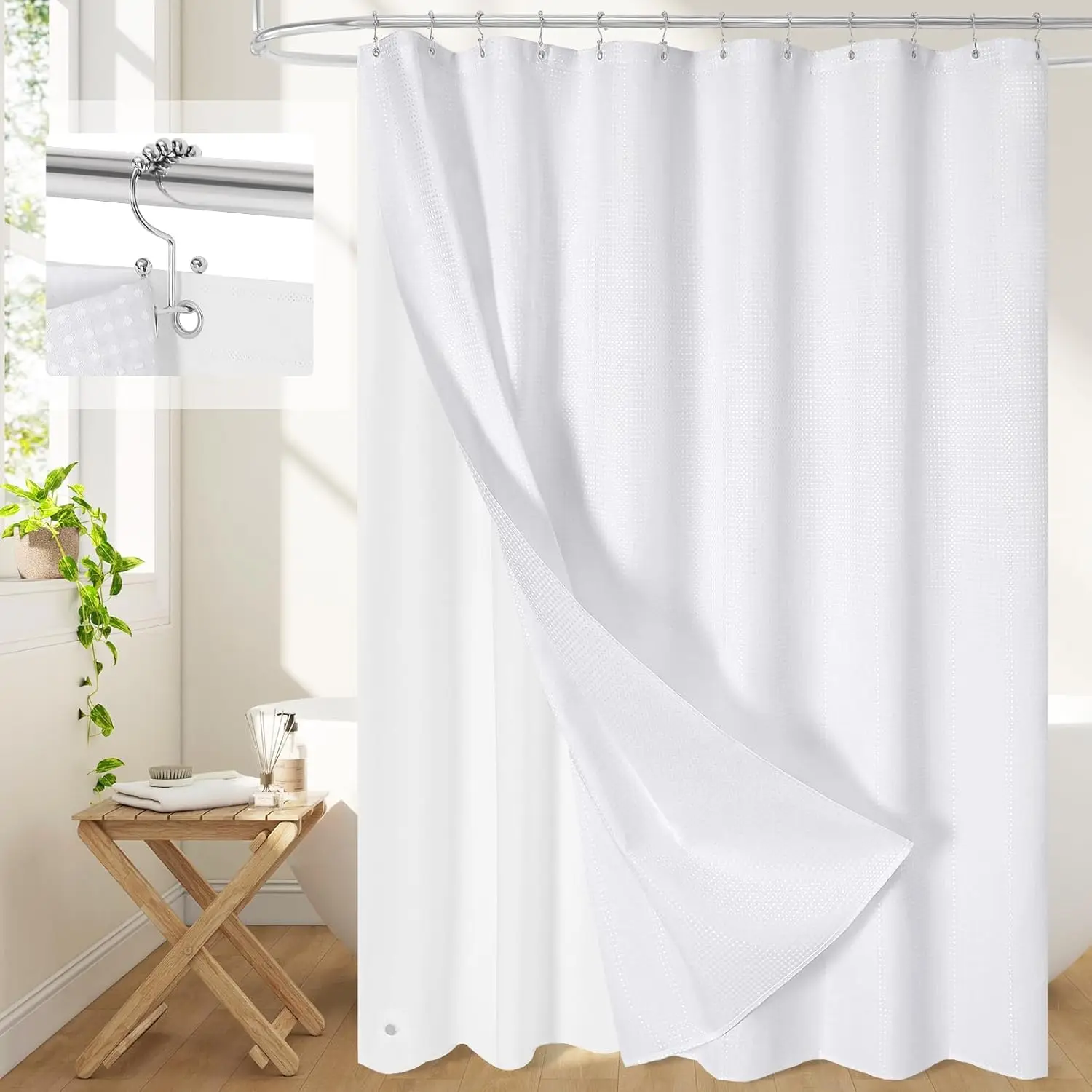 

3-in-1 White Waffle Shower Curtain Set with PEVA Liner & 12 Hooks, Hotel Style Bathroom Decor, 72x72