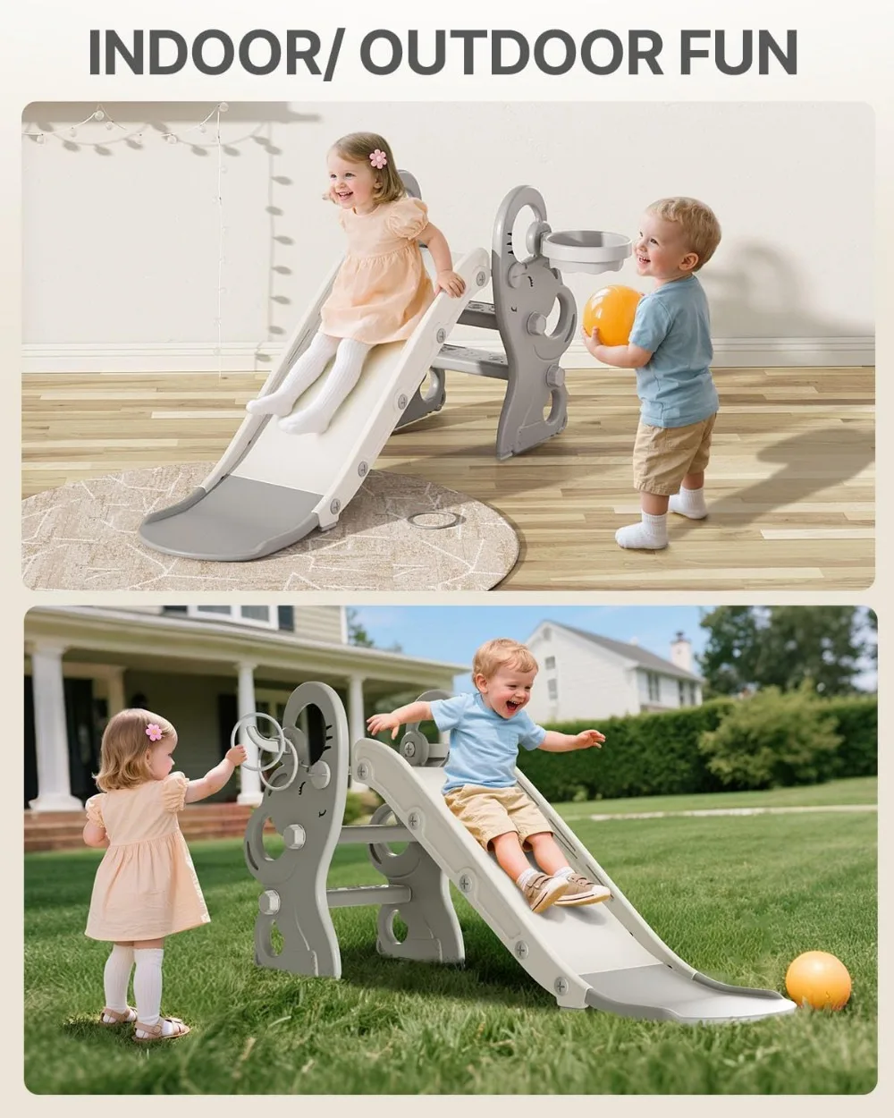 Corrediça dobrável para crianças com cesta de basquete e lançamento de anel, conjunto de jogos interno e externo para crianças de 1 a 3 anos