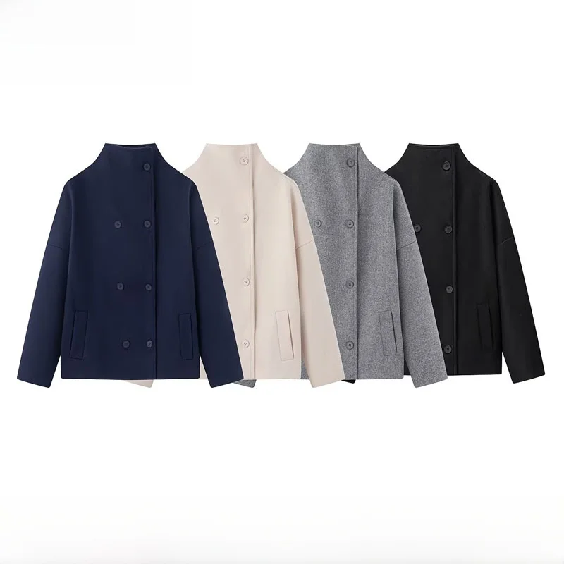 Fashionable Versatile Short Coat Women's New Autumn Double Row Buttoned Outerwear Straight Cut Polyester Fiber Ladies Jacket