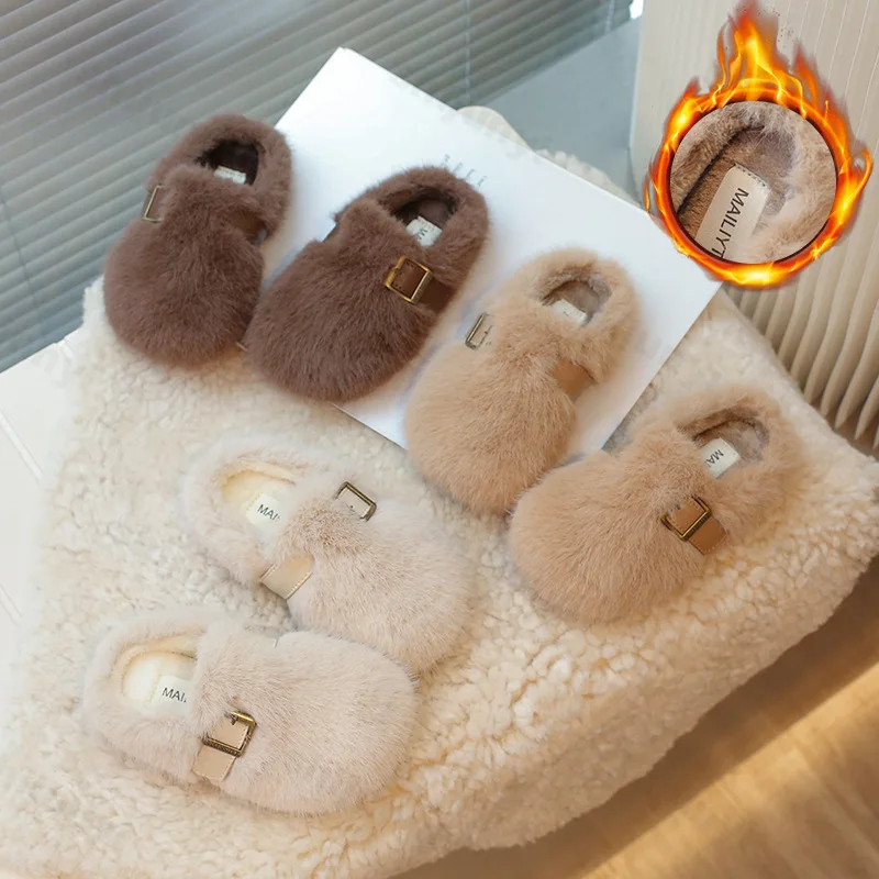 Kids Warm Cotton Shoes 2025 Winter New Boys Girls Flat Fur Cover Toe Light Warm Slippers Non Slip Comfy Soft Sole Plush Slippers