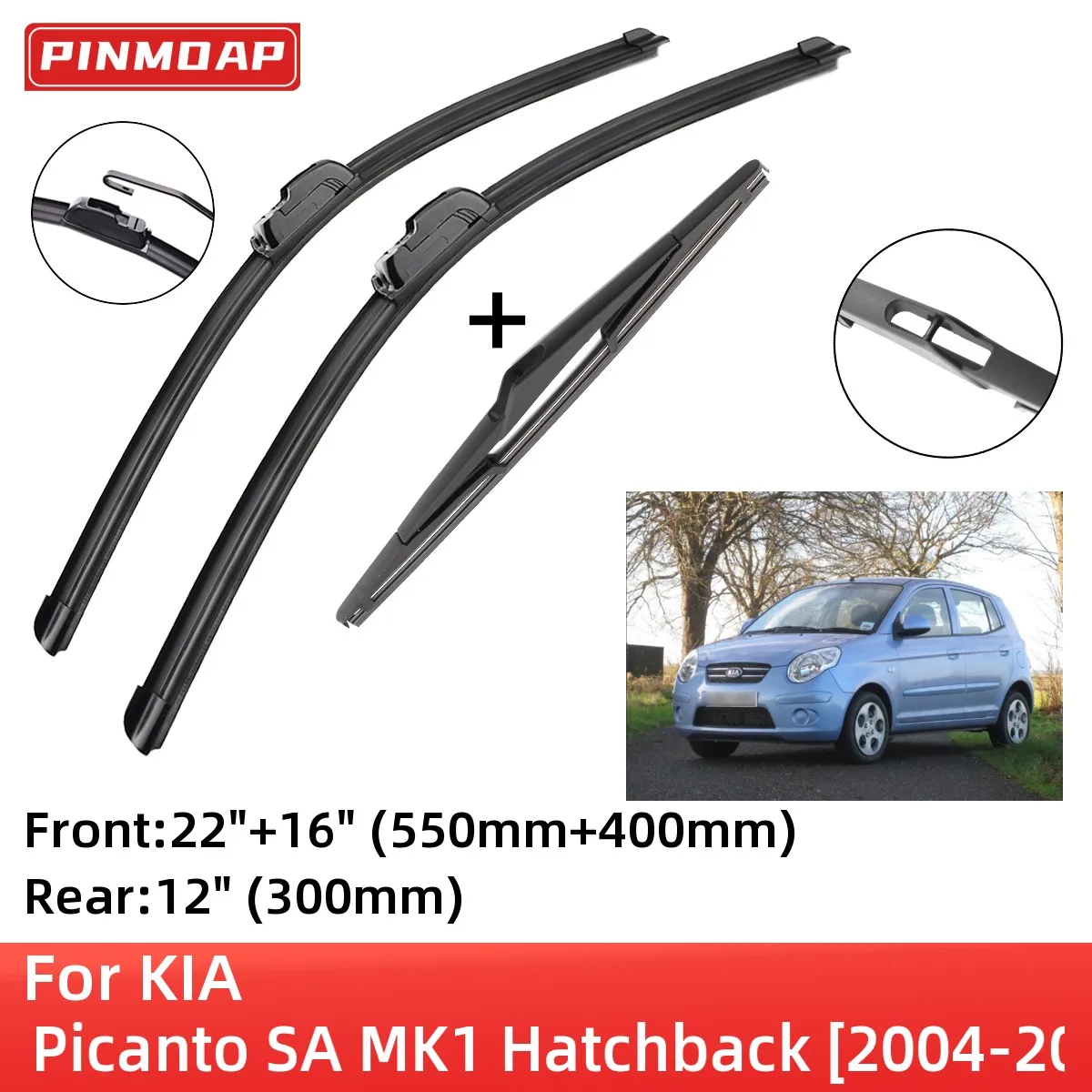 

For KIA Picanto SA MK1 Hatchback 2004-2011 Front Rear Wiper Blades Brushes Cutter Accessories J Hook 2004 2005 2006 2007 2008