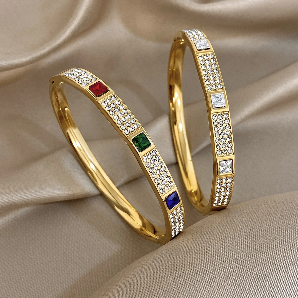 

Simple Classic Chunky Stainless Steel Round Bangle Bracelet Women Retro Shiny Rhinestone Wide Spring Bangle Waterproof Jewelry