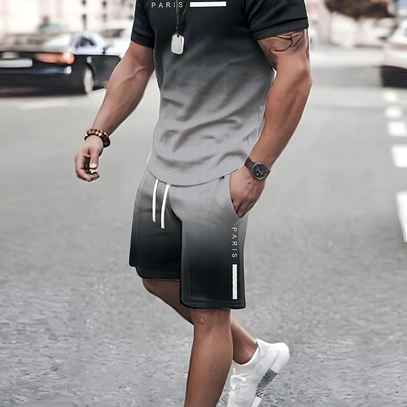 

New 2 Piece Men Fashion Summer Resort Clothing Set Men's Gradient Printed Short Sleeve T-Shirt And Pocket Drawstring Shorts Set