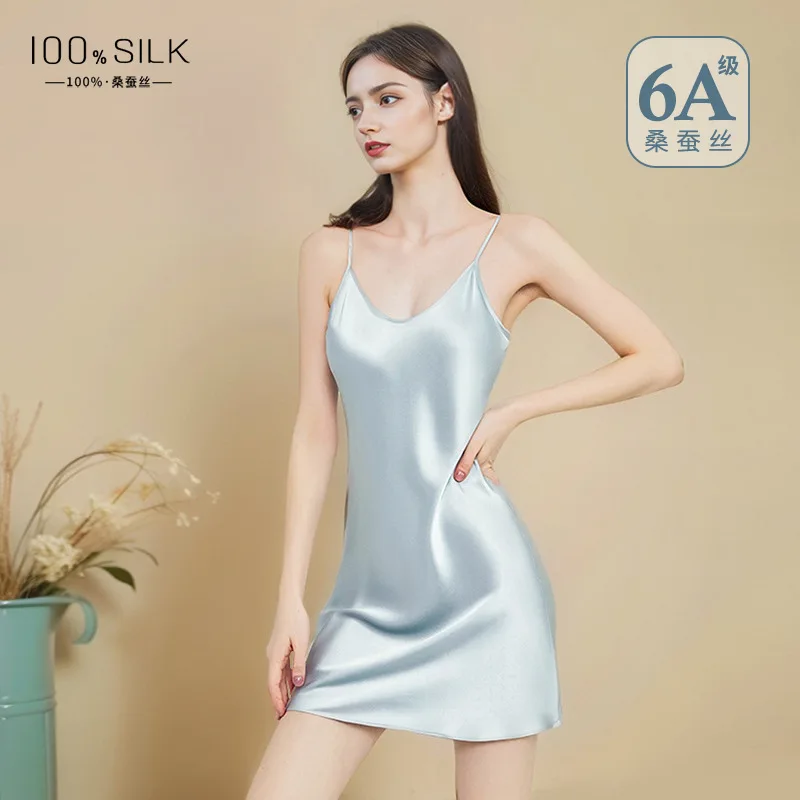 European and American Women's Summer Silk Nightgown 100% Mulberry Silk Simple Loungewear with Inner Suspender Design 2XL Size