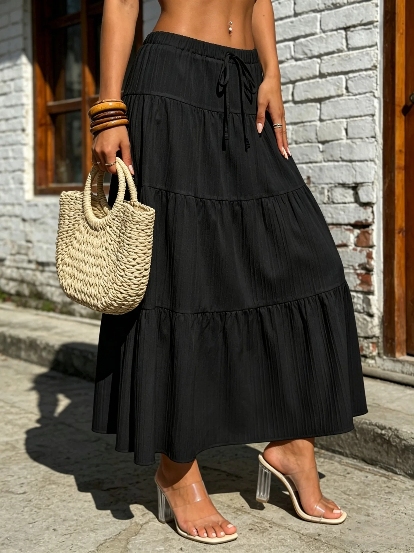 SKMY 2026 New Spring Summer Ladies' Skirts Fashion Solid Color Strap Splicing Large Swing Loose Long Skirts Women Clothing