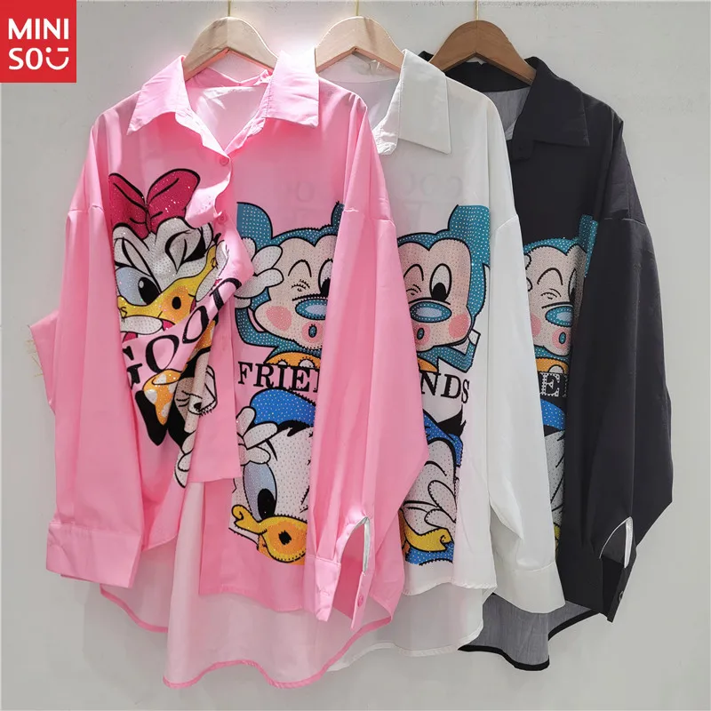 

Disney 2025 Autumn Cartoon Print Shirt, Rhinestone Oversized Long Sleeve Blouse