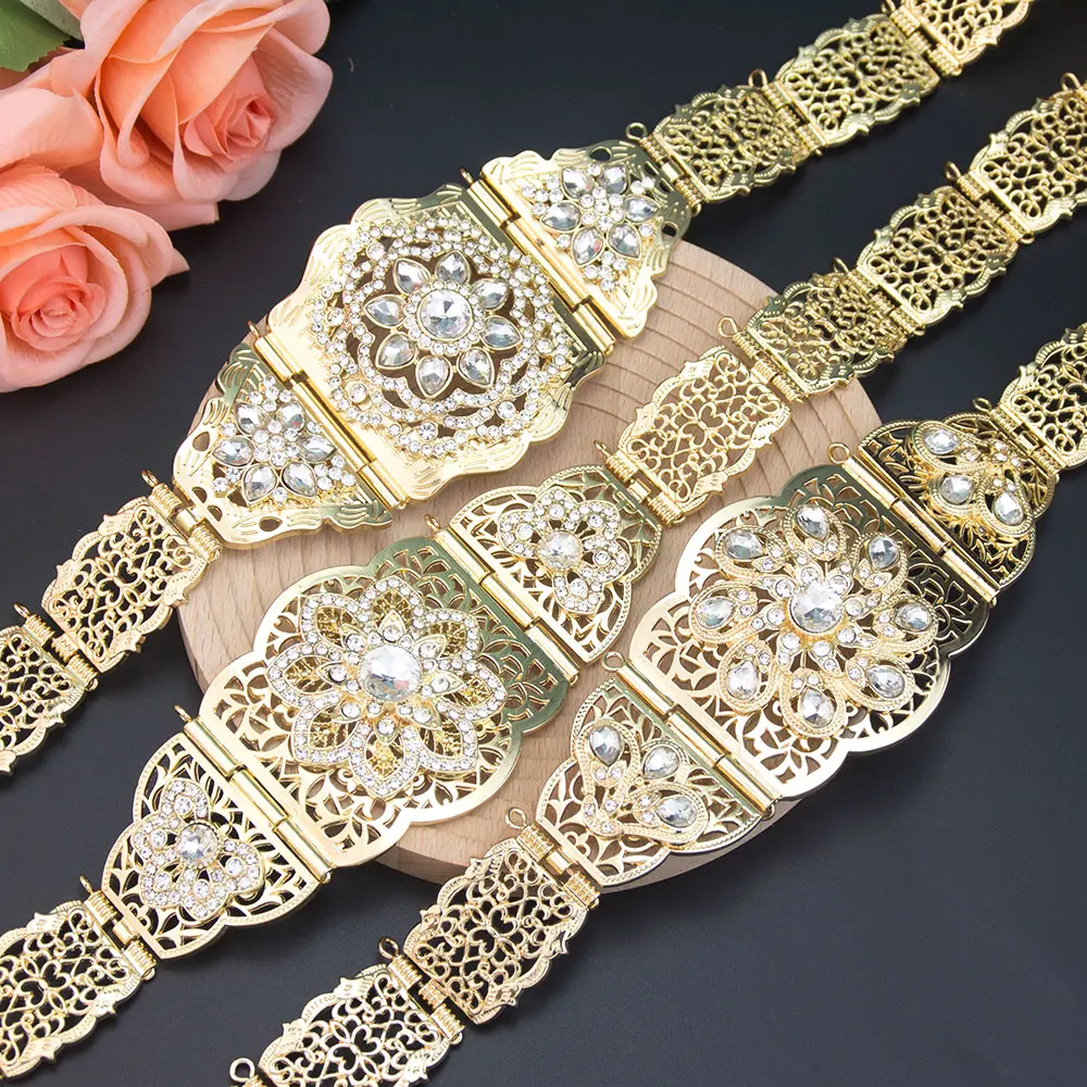 Poyasa Elegent Metal Women Belt Moroccan Caftan Waist Chain Belt Adjustable Length Hollow Arabic Pattern Crystal Cress Waistband