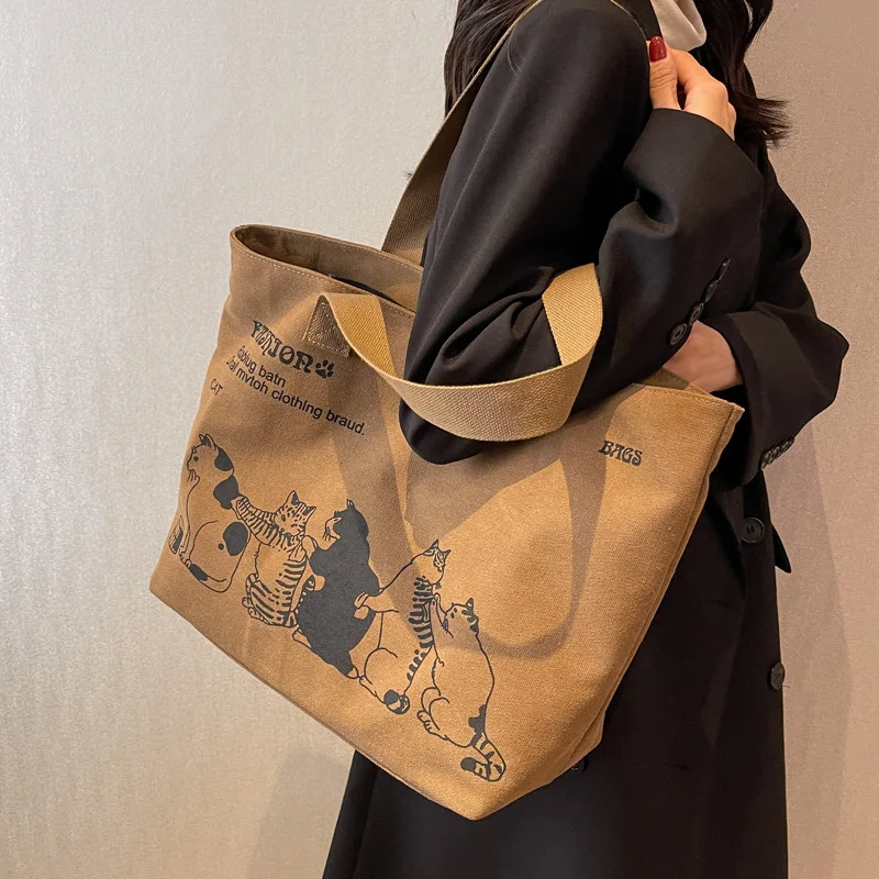 Canvas Totes Large Capacity Storage Handbag Women Tote Anime Cat Letters Shoulder Bags Girls Casual Commute Bag Portable Big Bag