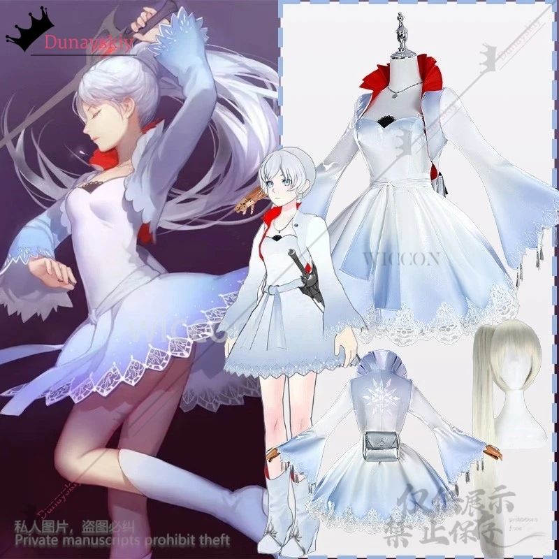 Disfraz de Anime RWBY, disfraz de Weiss Schnee, vestido elegante degradado blanco a azul, peluca de cola de caballo de encaje Lolita, Jirai Kei Girls -rsi