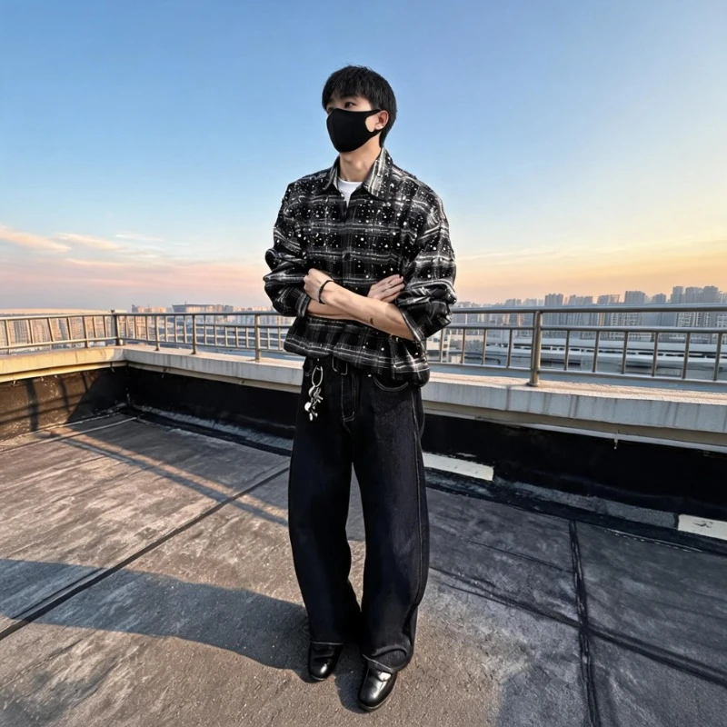 Starry Shirt men fashion loose Trendy personalized shirts New long sleeve shirts grid Stage costumes high quality Star shirt