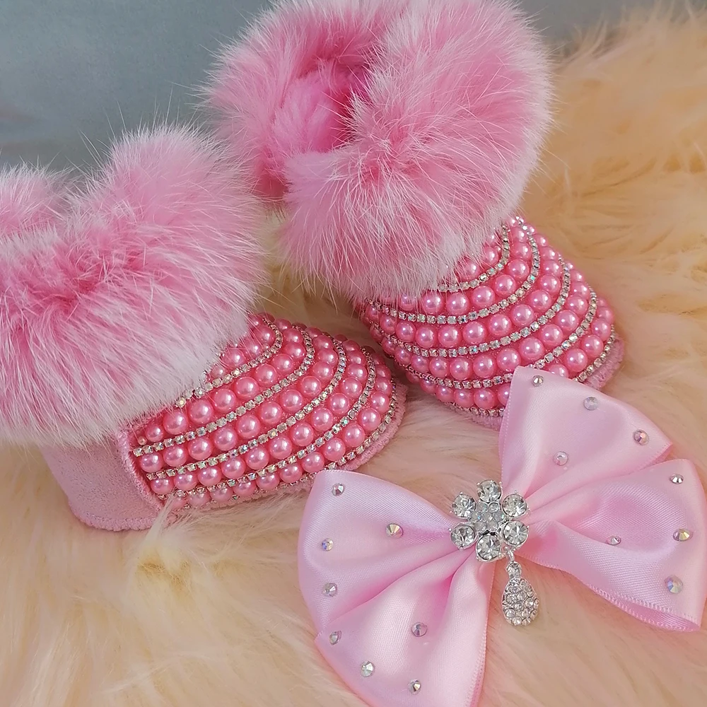 Handmade Bow Hairband Rhinestones Baby Girl Snow Boots Winter Shoes Comb First Walker Sparkle Bling Crystal Princess Shower Gift