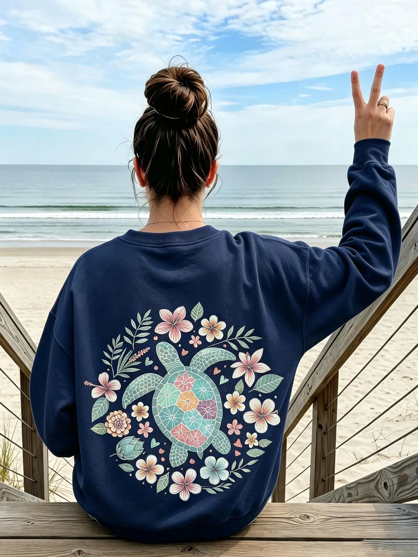 Tropical Turtle Flower Leaves Prints Hoodies Womens Basics Loose Sweatshirts Jogging Fleece Warm Tops Winter Crewneck Clothes