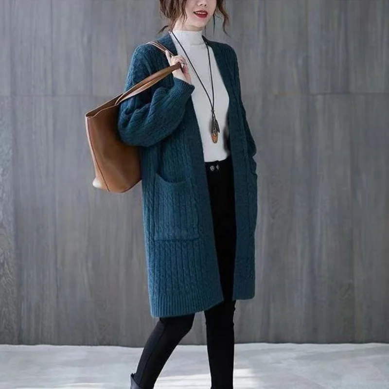 Autumn and winter cardigan women medium long knitting Fried Dough Twists sweater women coat wool sweater solid cardigan female