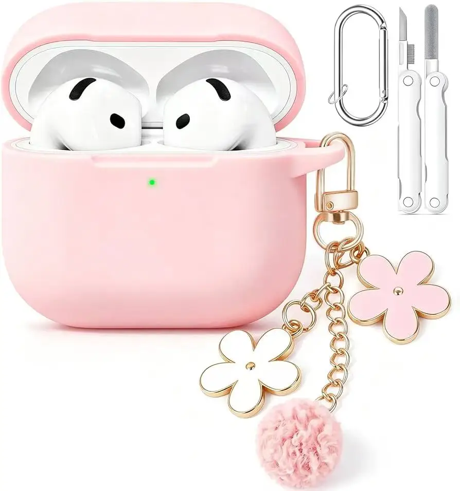 Silicone Earphone Case for Airpods Pro 3/Pro 2/Pro Case with Cleaner Kit for Airpods 4/3/2/1 Protective Cover with Flower Chain