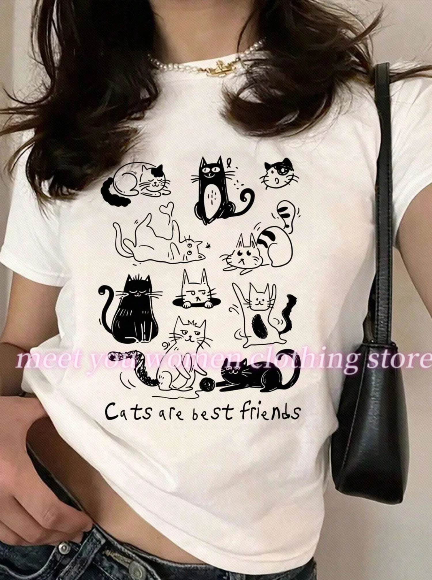 

Womens Creativity Cute Cats Print Female Summer Basic O-Neck Tees Casual Retro Streetwear Ladies Sport Plus Size Women Tops