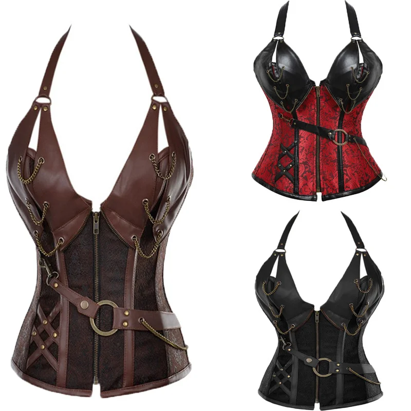 Disfraz de pirata vikingo Medieval para mujer adulta, corsé de caballero gótico, Cosplay de Halloween, chaleco Halter de cuero Steampunk, Cuirass de Metal