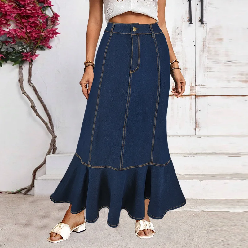 Vintage Chic Trumpet Mermaid Skirts For Women Elegant High Waist Office Lady Long Skirt Fashion Blue Denim Skirt Female Clothing