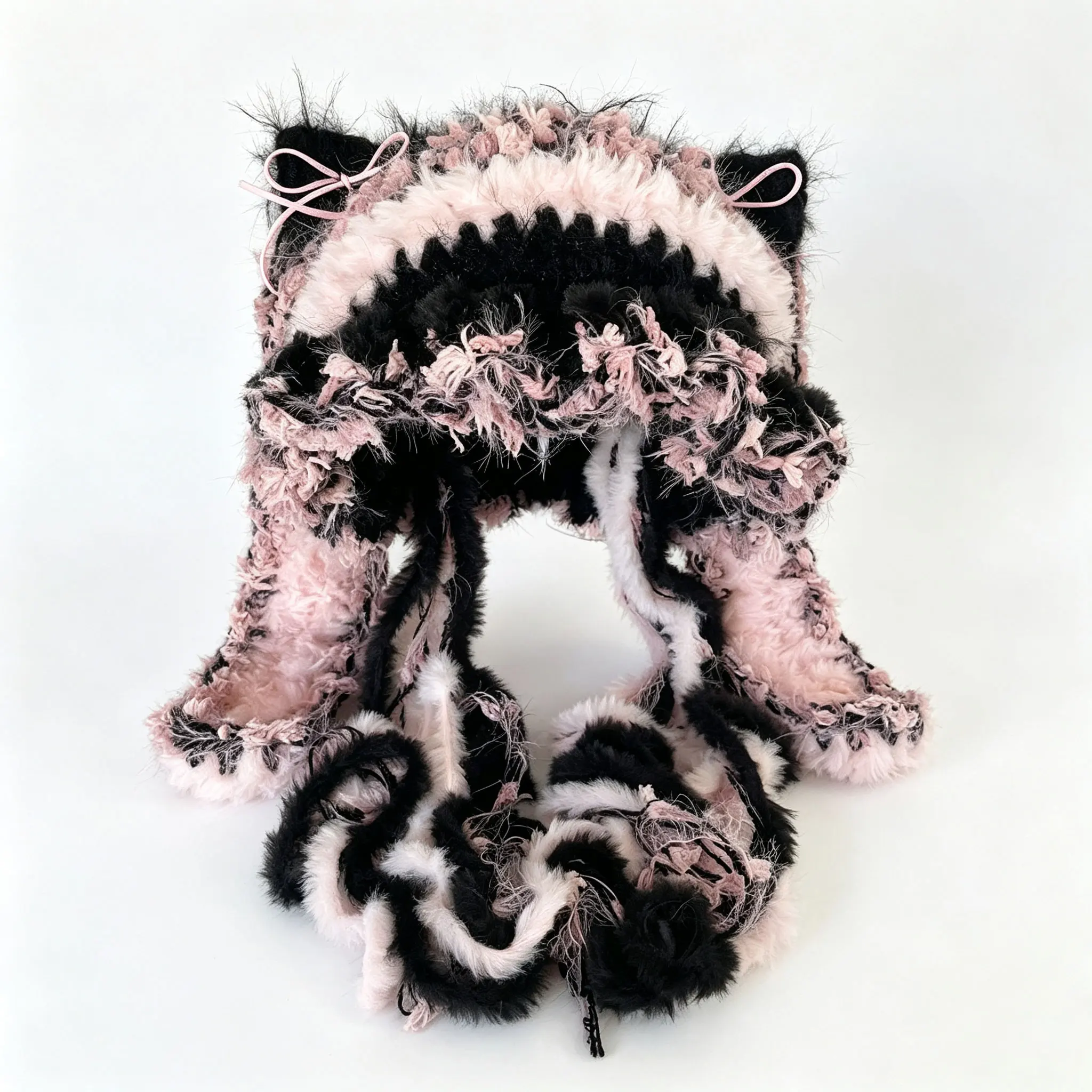 Handmade Black Pink Bunny Rabbit Ears Beanie Women Custom Crochet Soft Knit Hat Girls Winter Warm Kawaii Y2k Gothic Lolita Caps